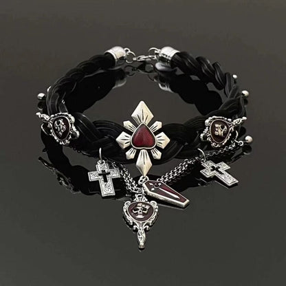 Cross pendant layered metal chain choker necklace