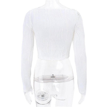 Textured u neck solid long sleeve corset crop top
