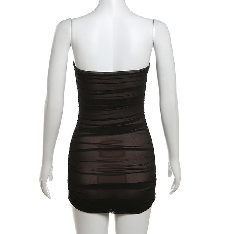Ruched mesh patchwork solid tube mini dress