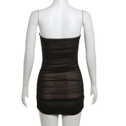 Ruched mesh patchwork solid tube mini dress