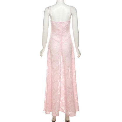 Square Neck Floral Jacquard Burnout Spaghetti Strap Backless Maxi Dress