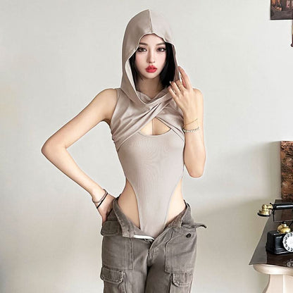 Hoodie sleeveless cross front hollow out bodysuit