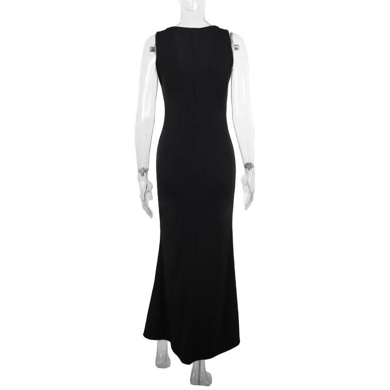 Deep V neck flower applique solid maxi dress