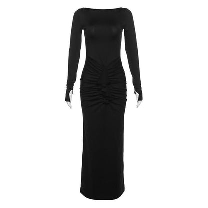 Ruched long sleeve solid gloves round neck maxi dress-final-sale