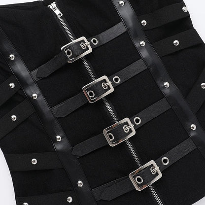 PU leather patchwork buckle zip-up tube top