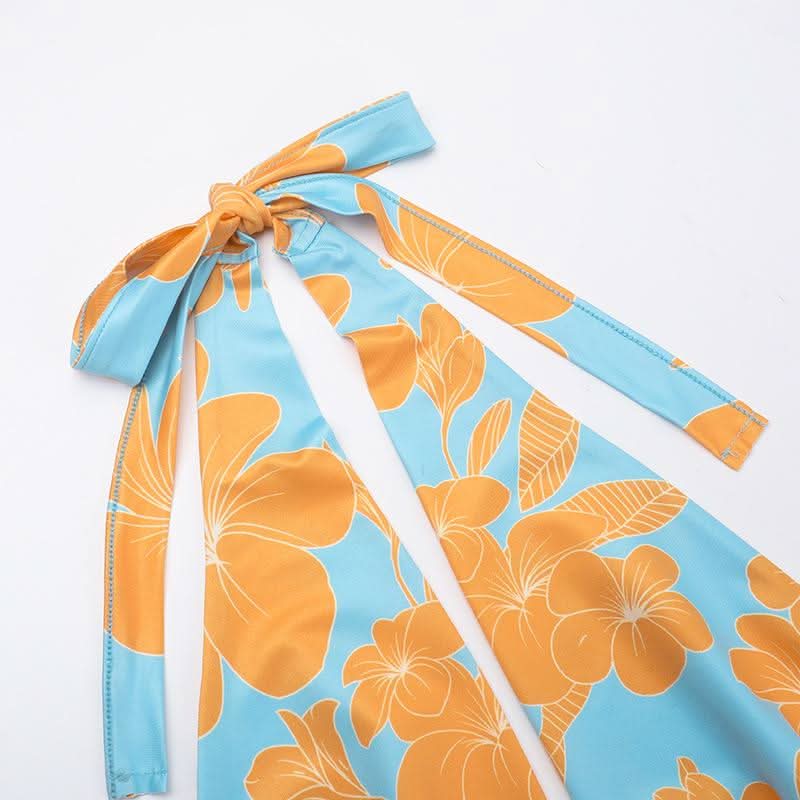 Self tie halter flower print backless contrast top