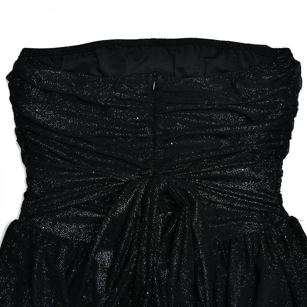 Ruched backless glitter mesh tube mini dress