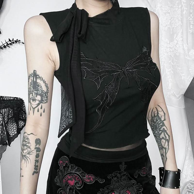 Butterfly embroidery sleeveless mesh knotted top