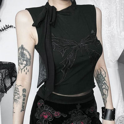 Butterfly embroidery sleeveless mesh knotted top