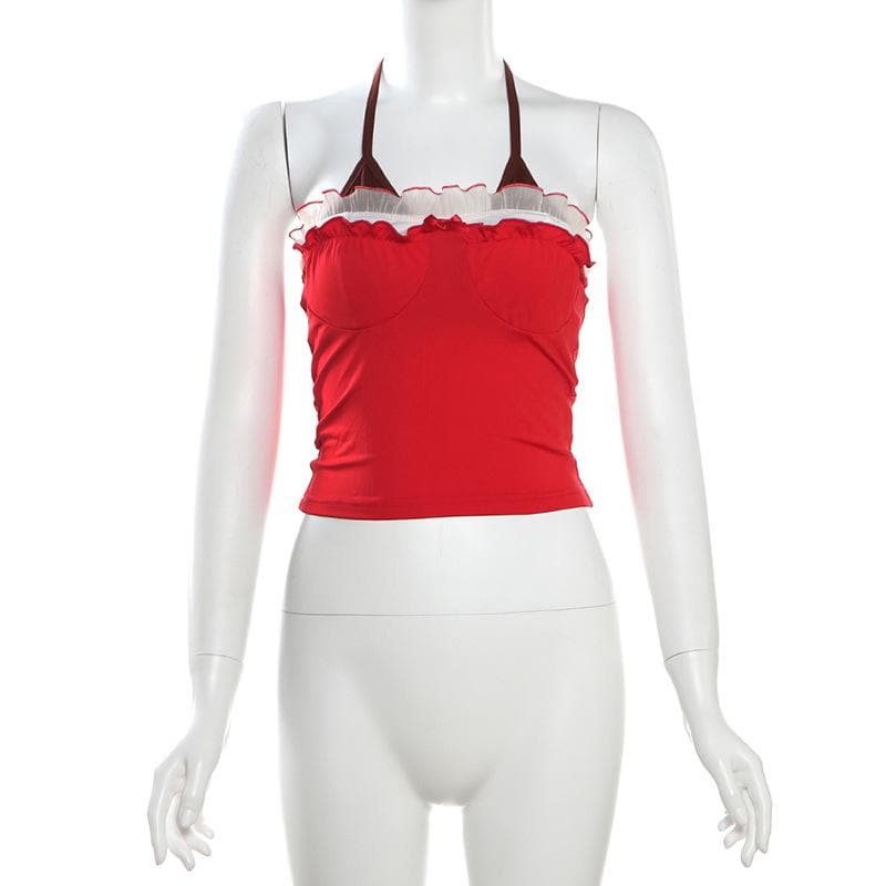 Halter ruffle bowknot ruched knotted 2 piece top