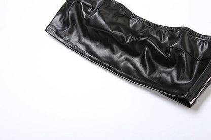 PU leather zip-up tube short pant set