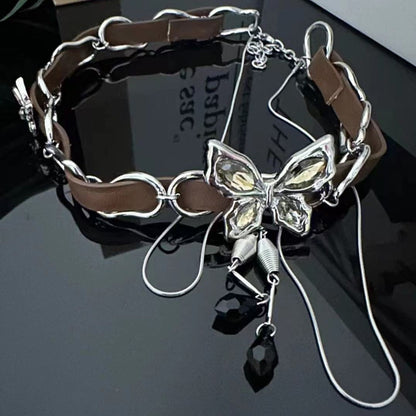 Butterfly pendant PU leather choker necklace