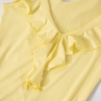 V neck ruffle solid knotted cami mini dress
