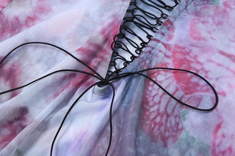 Long sleeve print sheer mesh lace up maxi dress