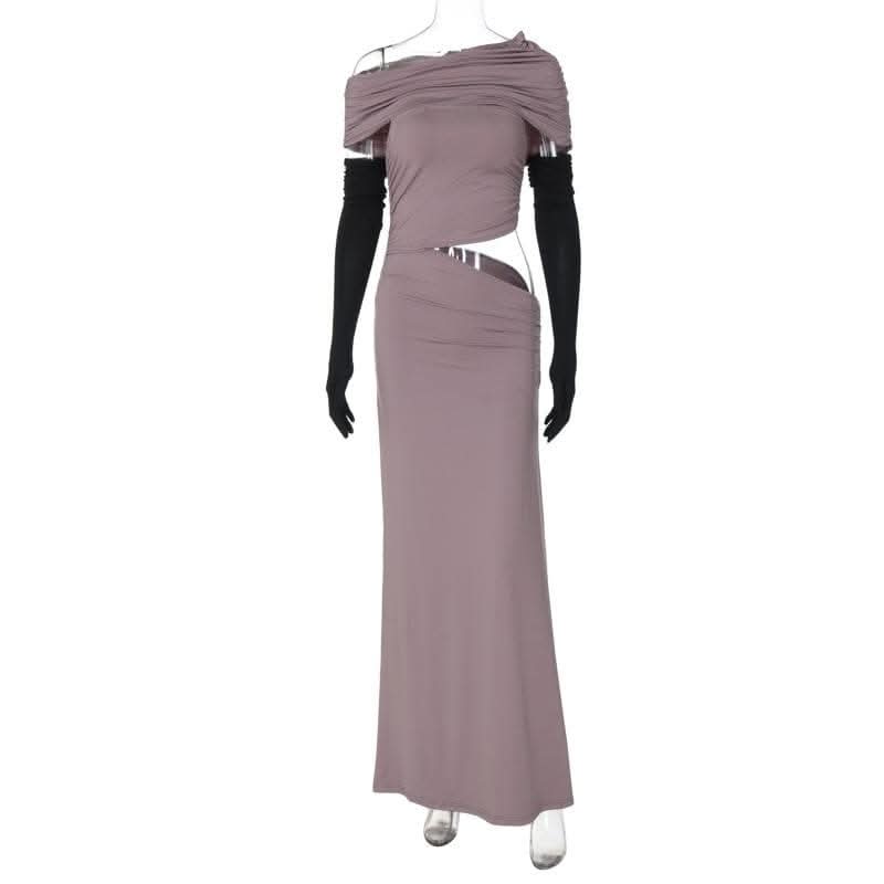 One shoulder gloves ruched hollow out cut out maxi dress-final-sale