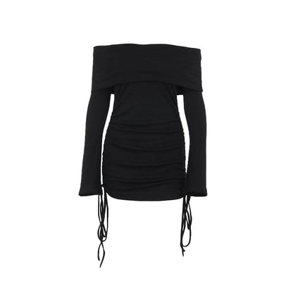 Long flared sleeve off shoulder drawstring mini dress
