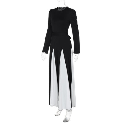 Long sleeve contrast self tie maxi dress