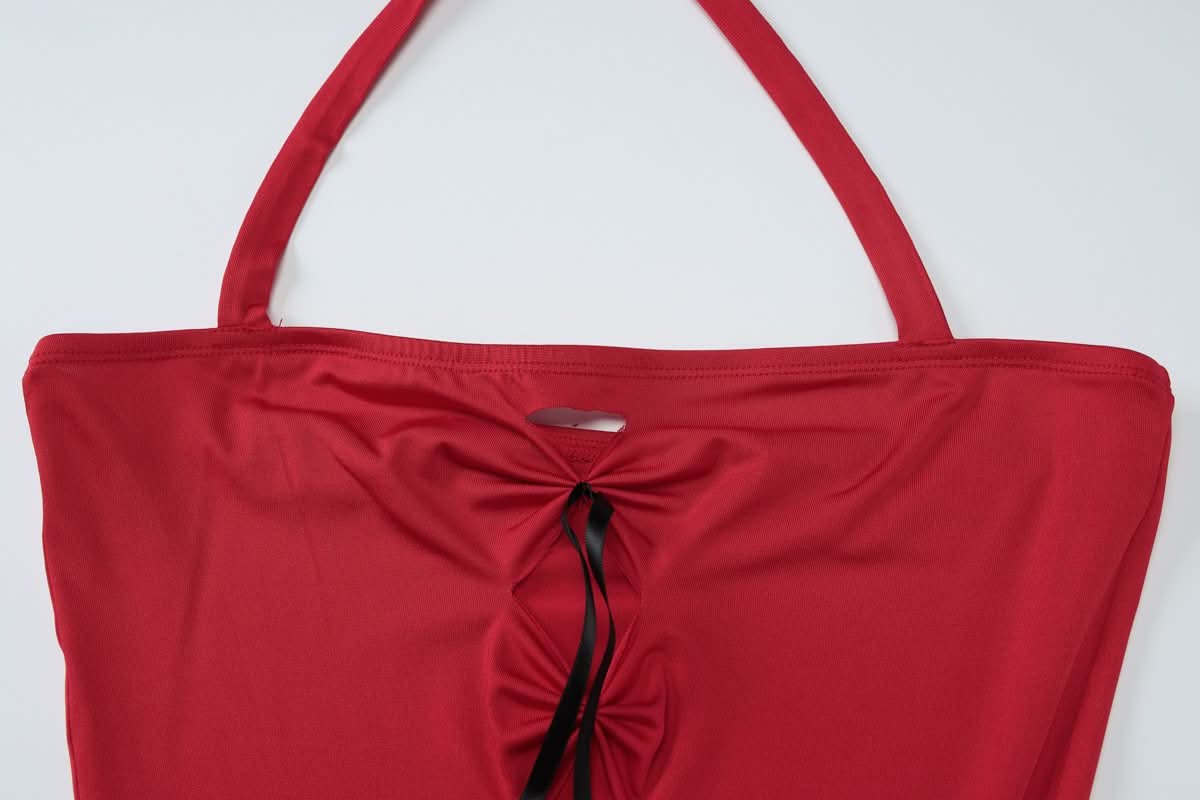 Halter bowknot ruched hollow out cut out mini dress