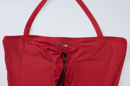 Halter bowknot ruched hollow out cut out mini dress