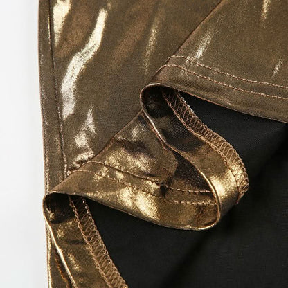 Halter cowl neck metallic backless mini dress