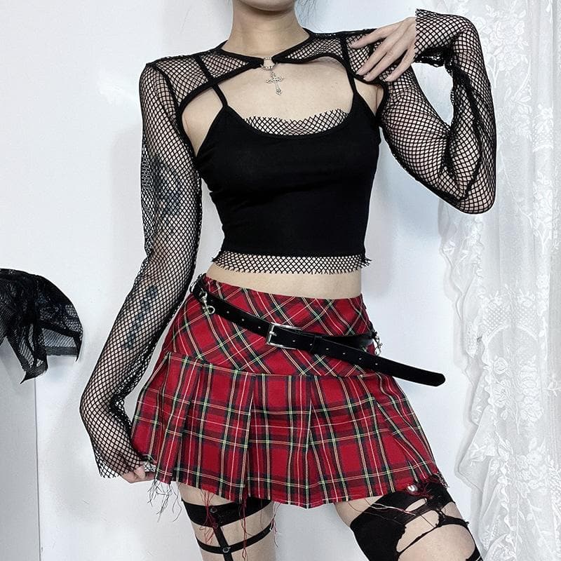 Long sleeve fishnet shrug cross applique 2 piece top