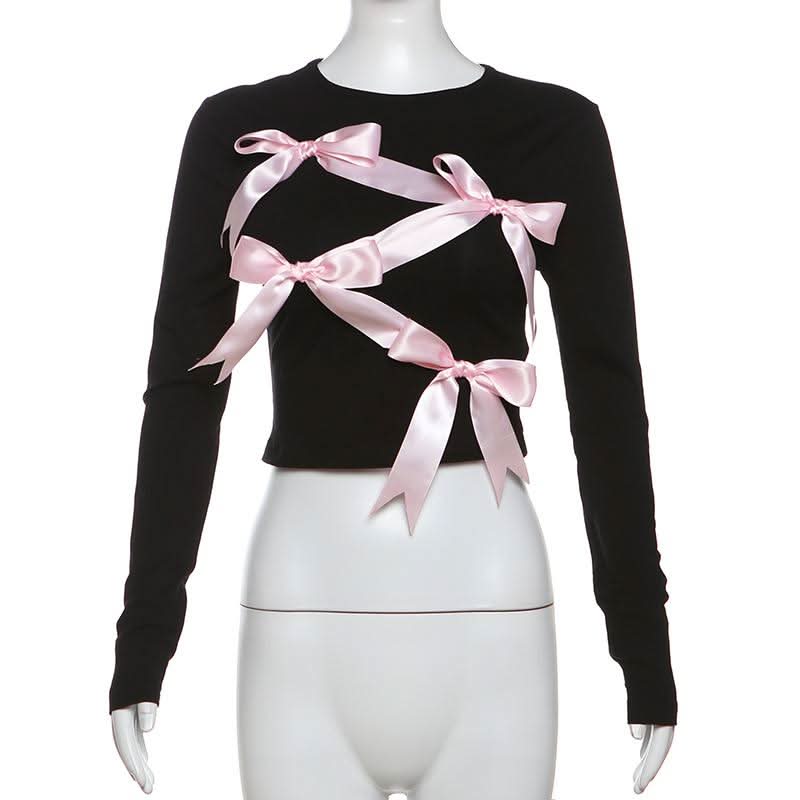 Long sleeve bowknot crewneck applique crop top