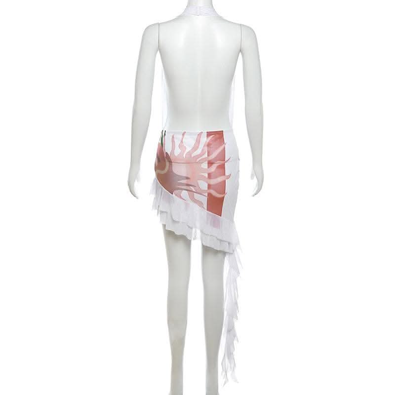 Abstract contrast cowl neck halter backless irregular mini dress-final-sale