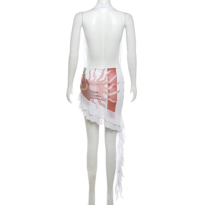 Abstract contrast cowl neck halter backless irregular mini dress-final-sale