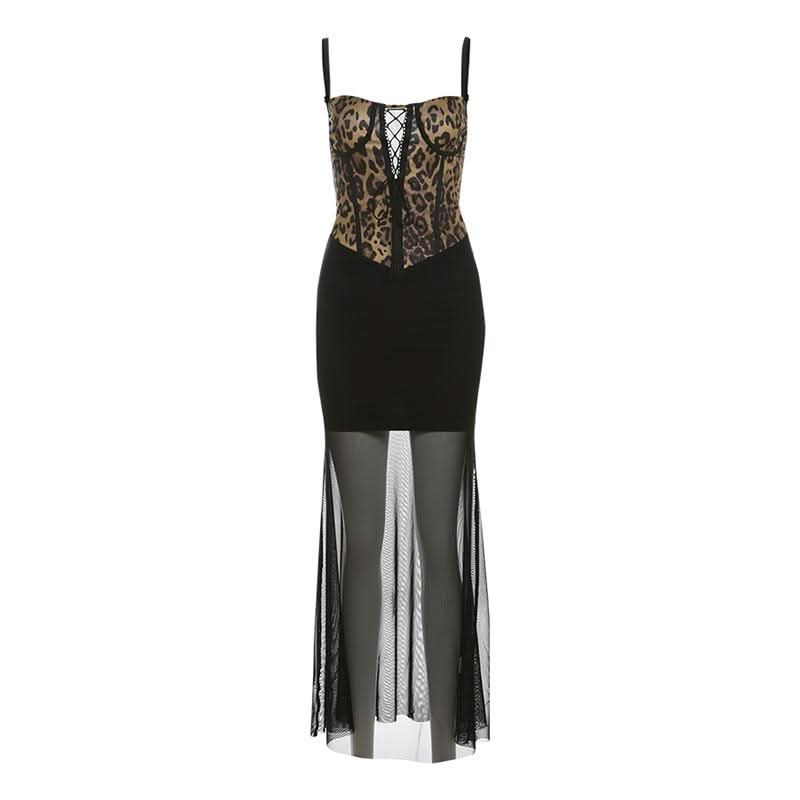 Leopard print mesh lace up cami maxi dress