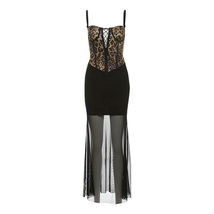 Leopard print mesh lace up cami maxi dress