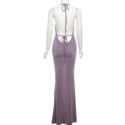 Halter ruched backless maxi dress