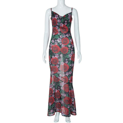 Cowl neck flower print zip-up contrast backless cami maxi dress