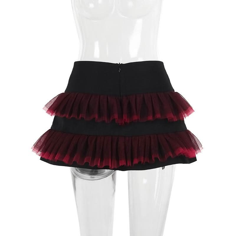 Mesh garter belt ruffle zip-up mini skirt