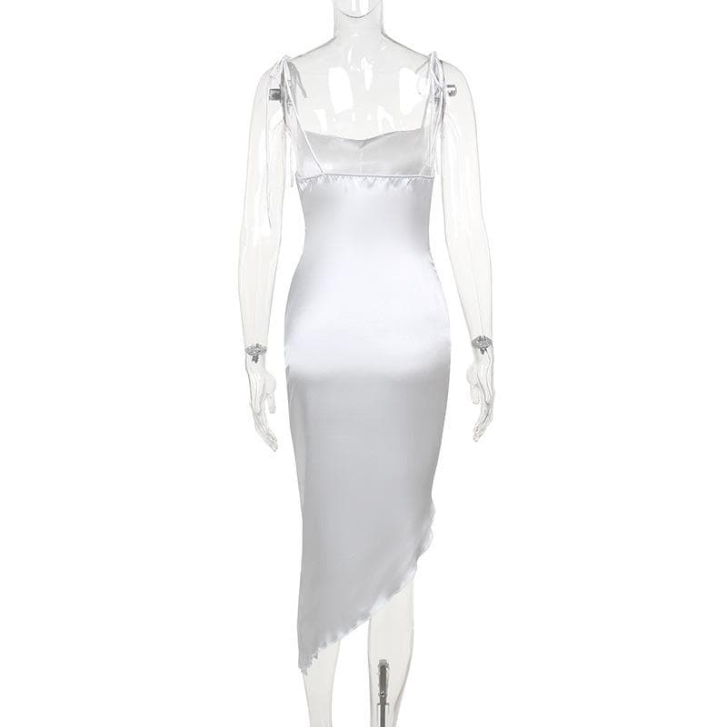 Ruched satin irregular ruffle cami midi dress