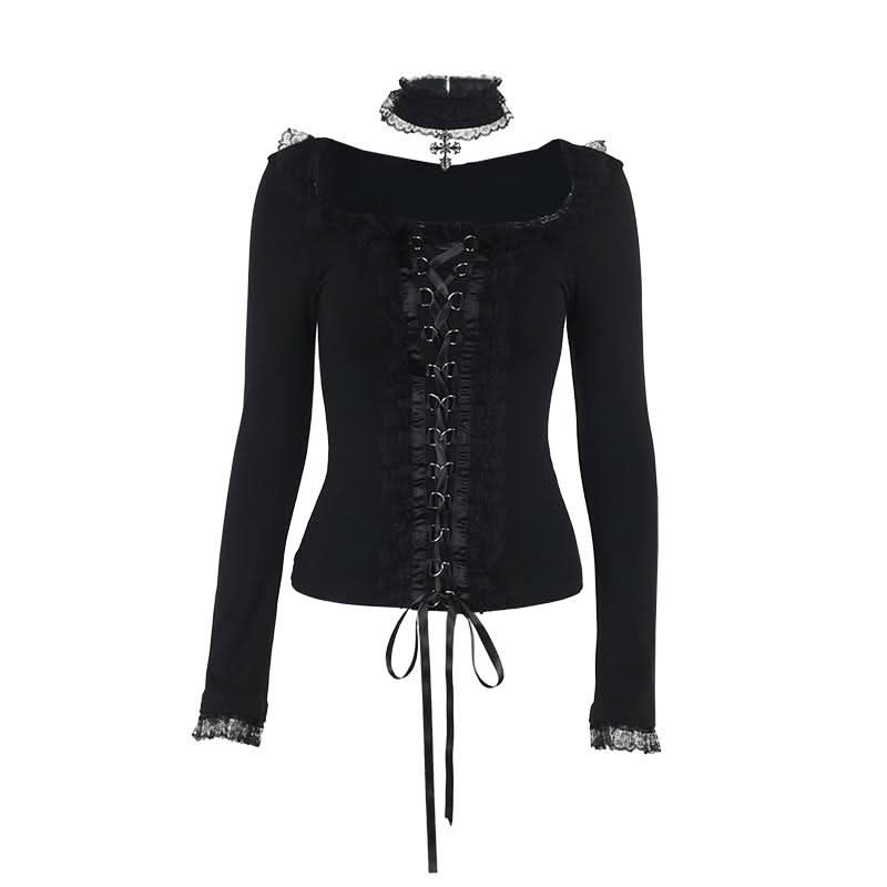Long sleeve ruffle lace hem necklace top