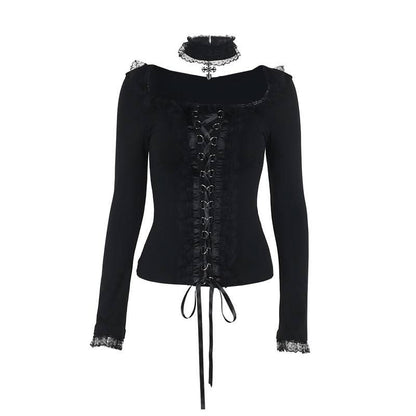 Long sleeve ruffle lace hem necklace top