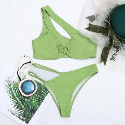 One side hollow out one shoulder solid bikini