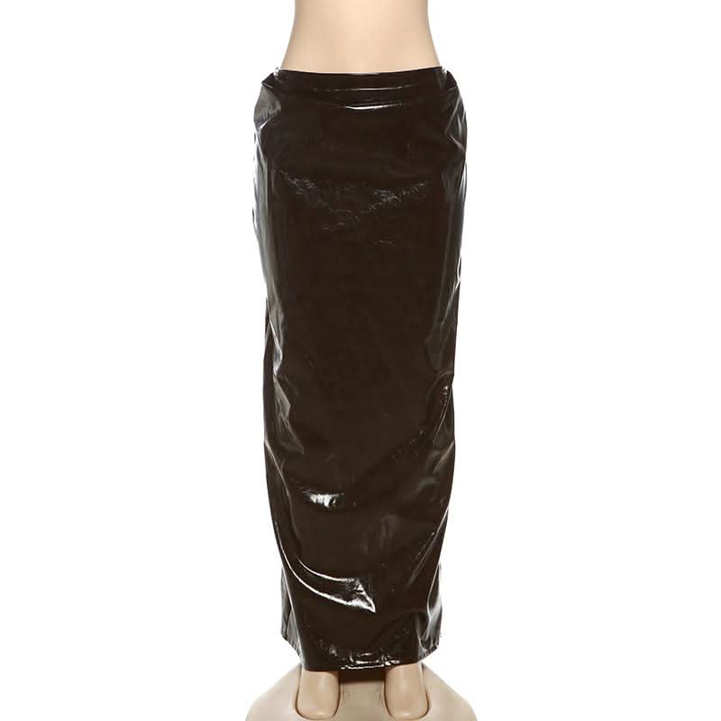 Slit PU leather zip-up brown maxi skirt