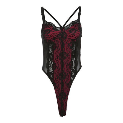 Patchwork v neck lace contrast bodysuit