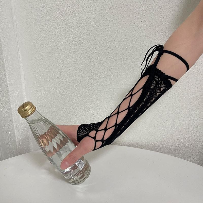 Hollow out solid self tie gloves