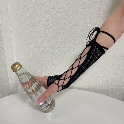Hollow out solid self tie gloves