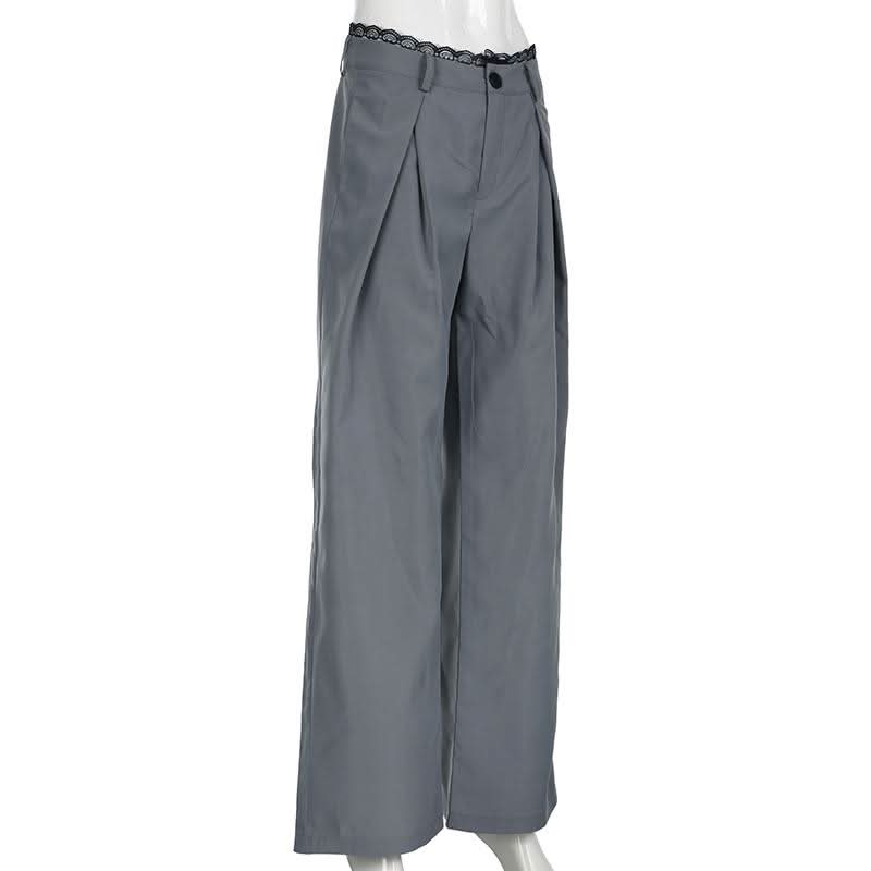 Lace hem button ruched low rise straight leg pant