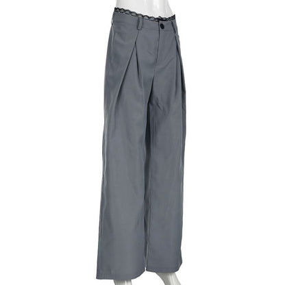 Lace hem button ruched low rise straight leg pant