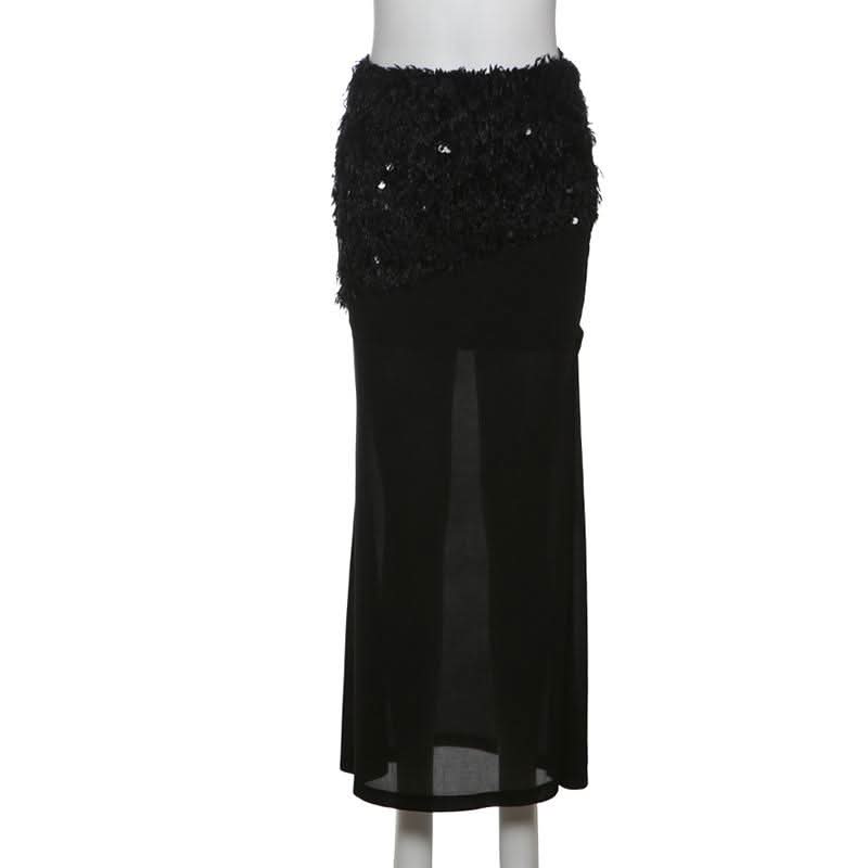 Glitter mesh patchwork fluffy maxi skirt