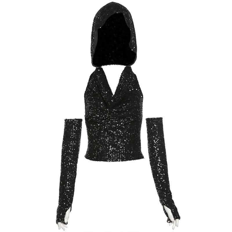 Glitter cowl neck hoodie gloves backless halter crop top-final-sale
