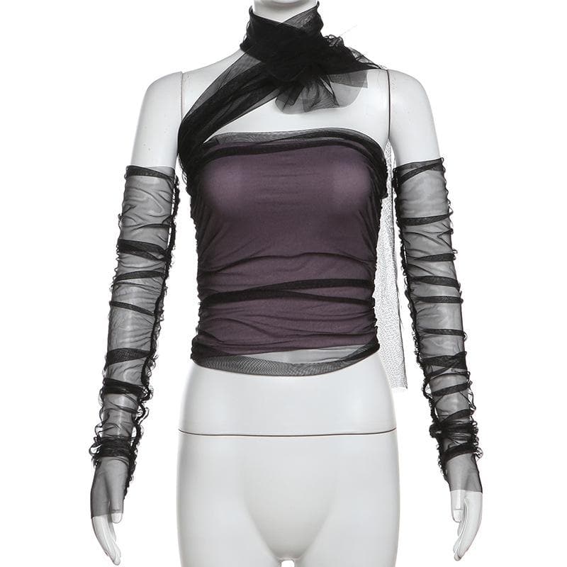 Halter off shoulder gloves mesh top