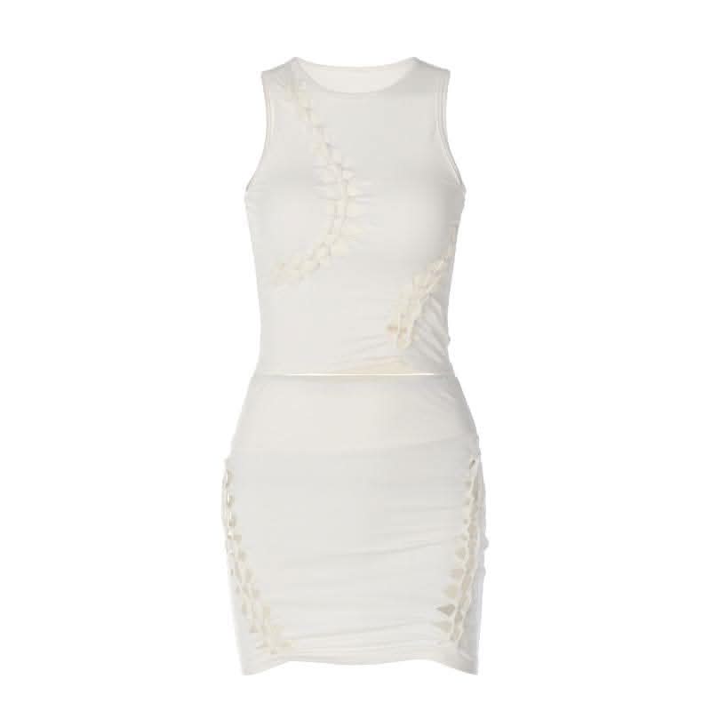 Hollow out solid sleeveless irregular crewneck mini skirt set-final-sale