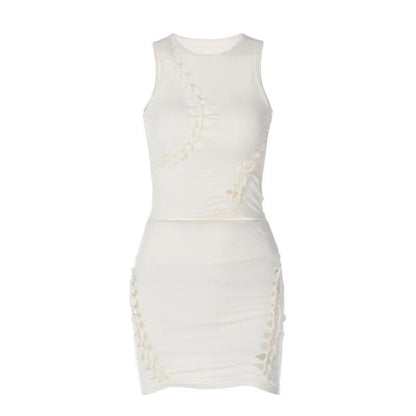 Hollow out solid sleeveless irregular crewneck mini skirt set-final-sale