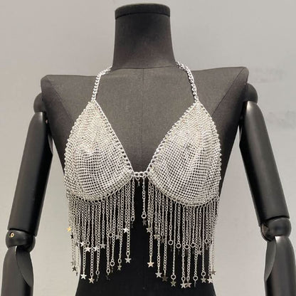 Metal chain halter beaded v neck tassels top