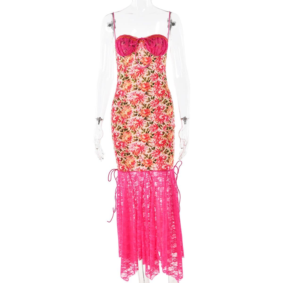 Lace patchwork ruffle knotted print cami midi dress